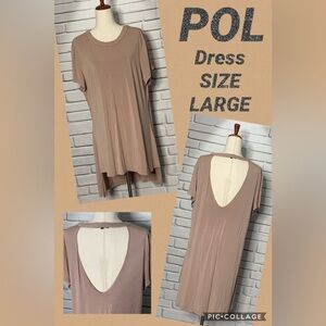 POL Tan Dress with Short Sleeves, Scoop Neck, Open Back, & High Low Straight Hem